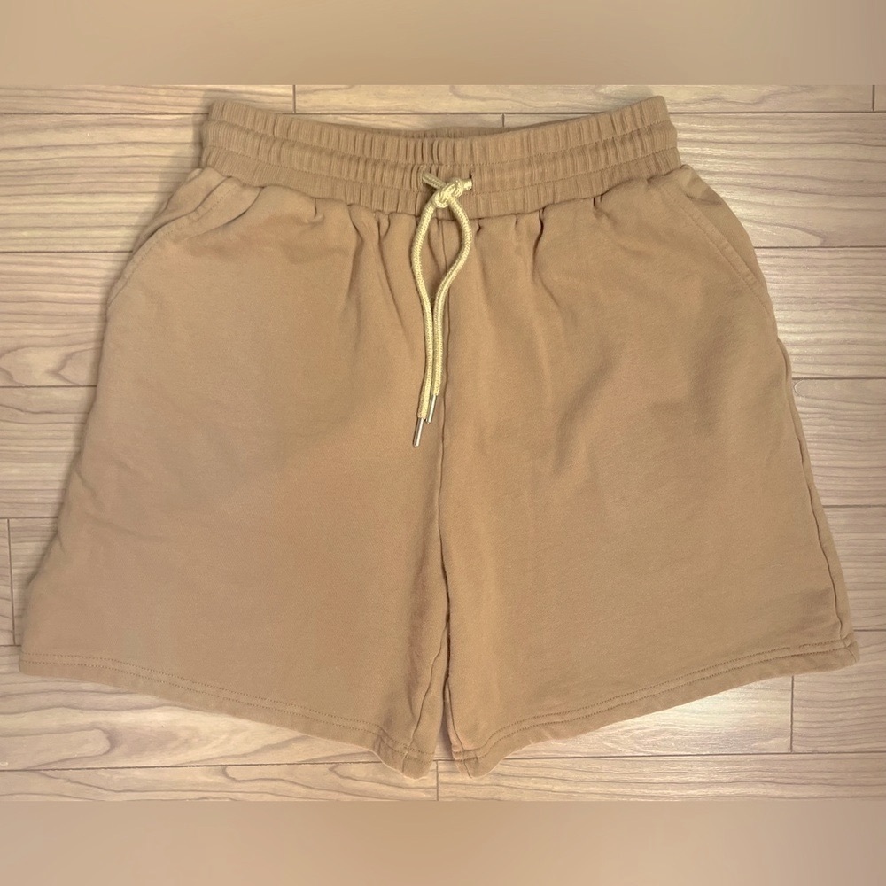 DRESS UP Crescent Drama Drawstring Waisted Shorts in Camel Color, Size Small